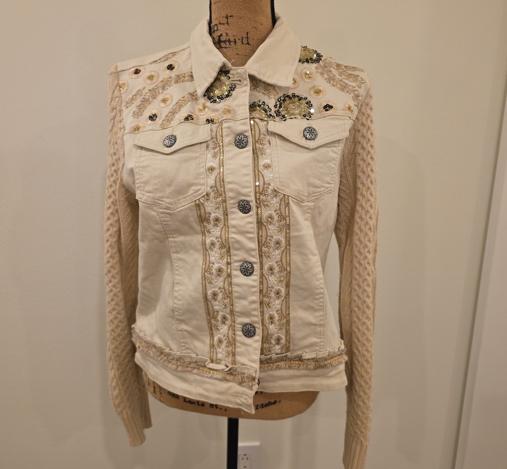 Desigual Cream and Beige Embellished Mixed-Media Jean Jacket